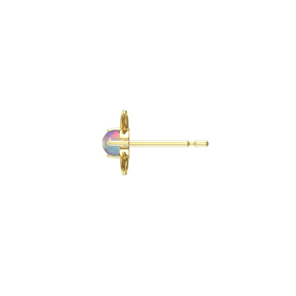 Gold earring with a colorful opal gemstone on a white background side view