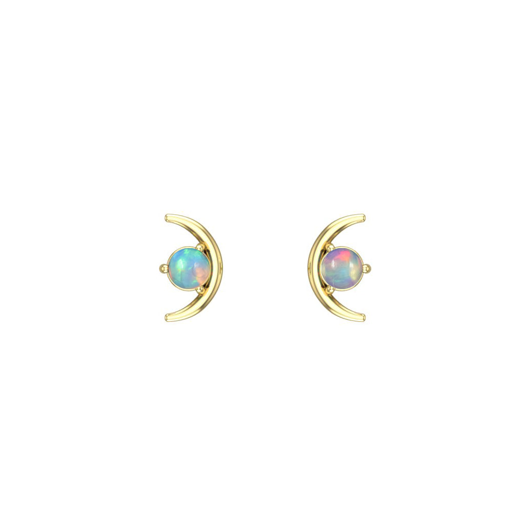 Gold moon shaped earrings with opal cabochon gemstones on a white background