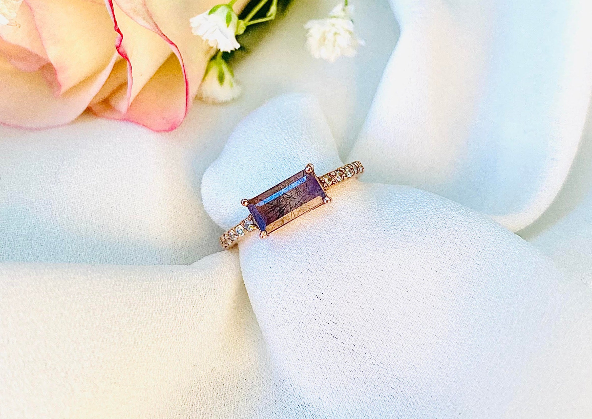 10K Rose Gold Super Seven Cacoxenite Amethyst Ring with VS Diamonds