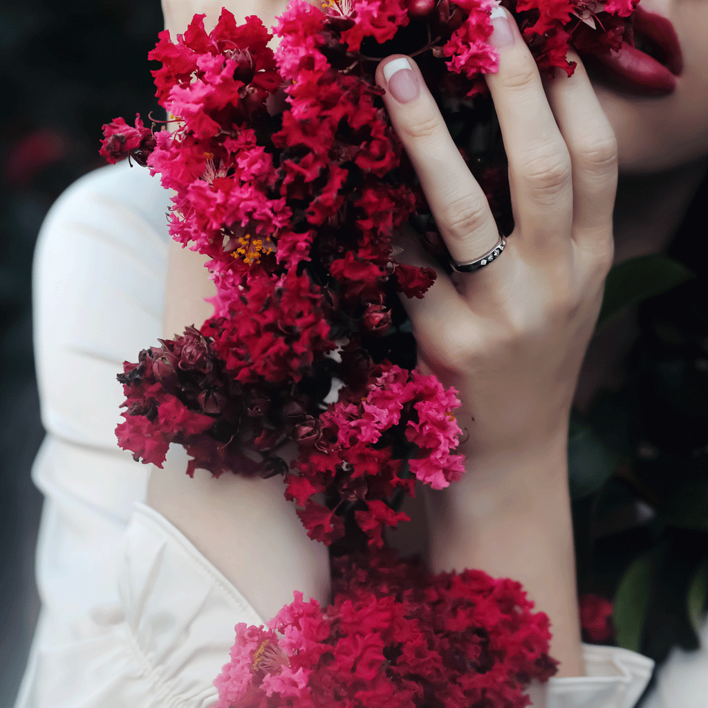 five tiny princesses band worn by model with red lip and closeup of hand wearing white gold band set with 5 tiny princess cut diamonds against red vibrant flowers
