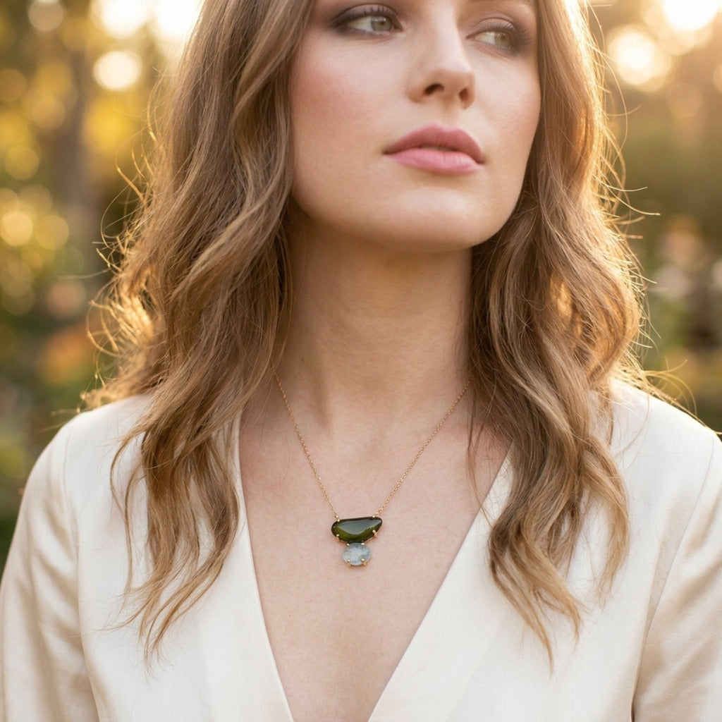 Woman wearing Evergreen Necklace by Jillery outdoors with a 14K yellow gold dainty chain and a custom yellow gold pendant featuring a green tourmaline and a blue topaz 