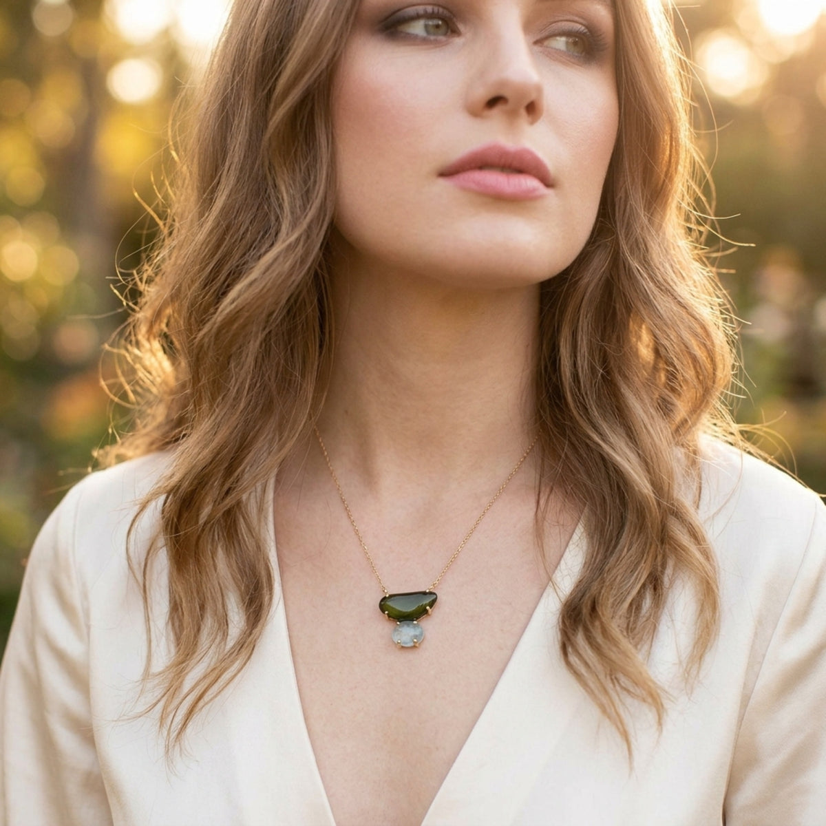 Woman wearing Evergreen Necklace by Jillery outdoors with a 14K yellow gold dainty chain and a custom yellow gold pendant featuring a green tourmaline and a blue topaz 
