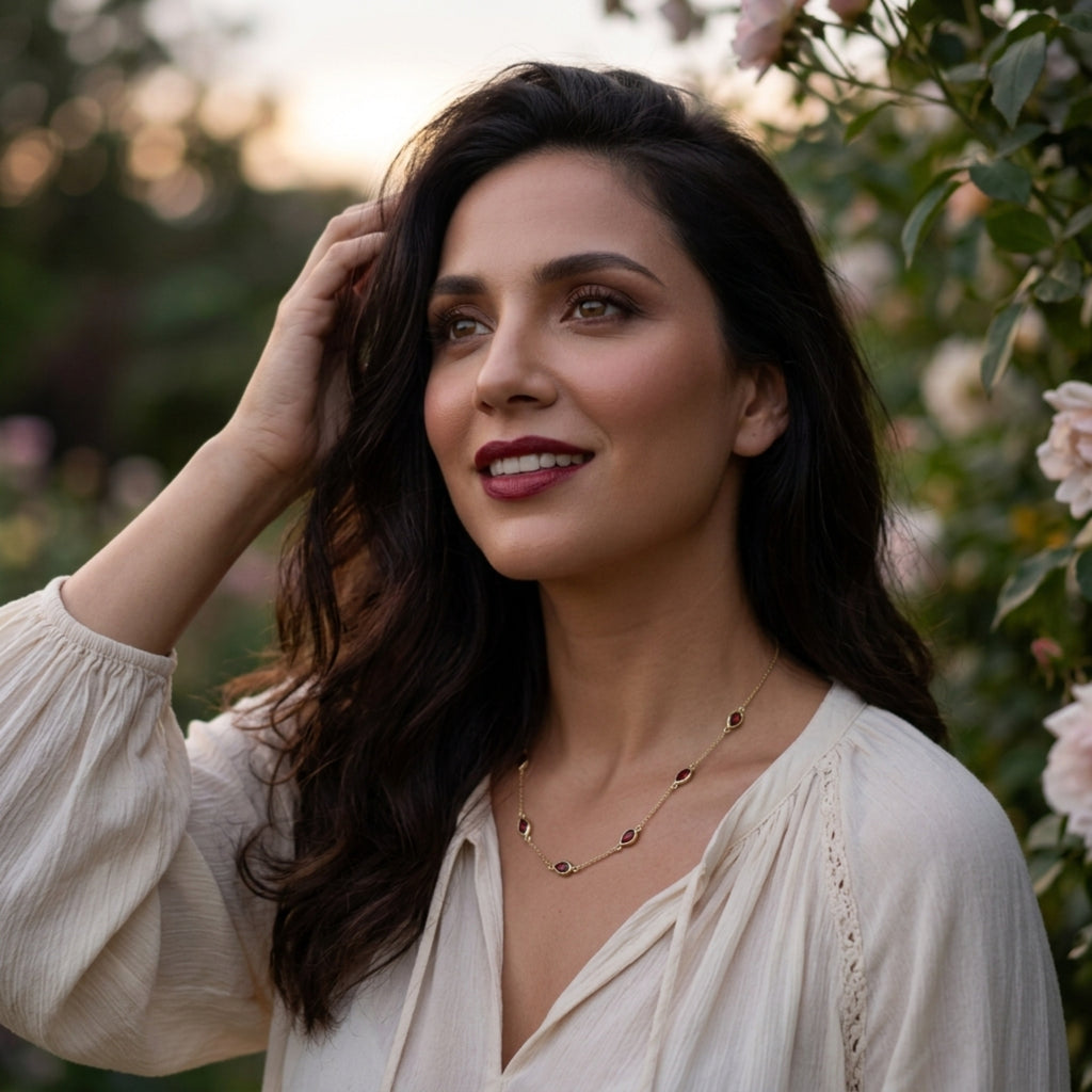 Kindred Necklace worn by woman wearing soft silky cream colored bluse outside at golden hour. The necklace features bezel set pear cut Mozambique Garnets stationed on a delicate yellow gold chain