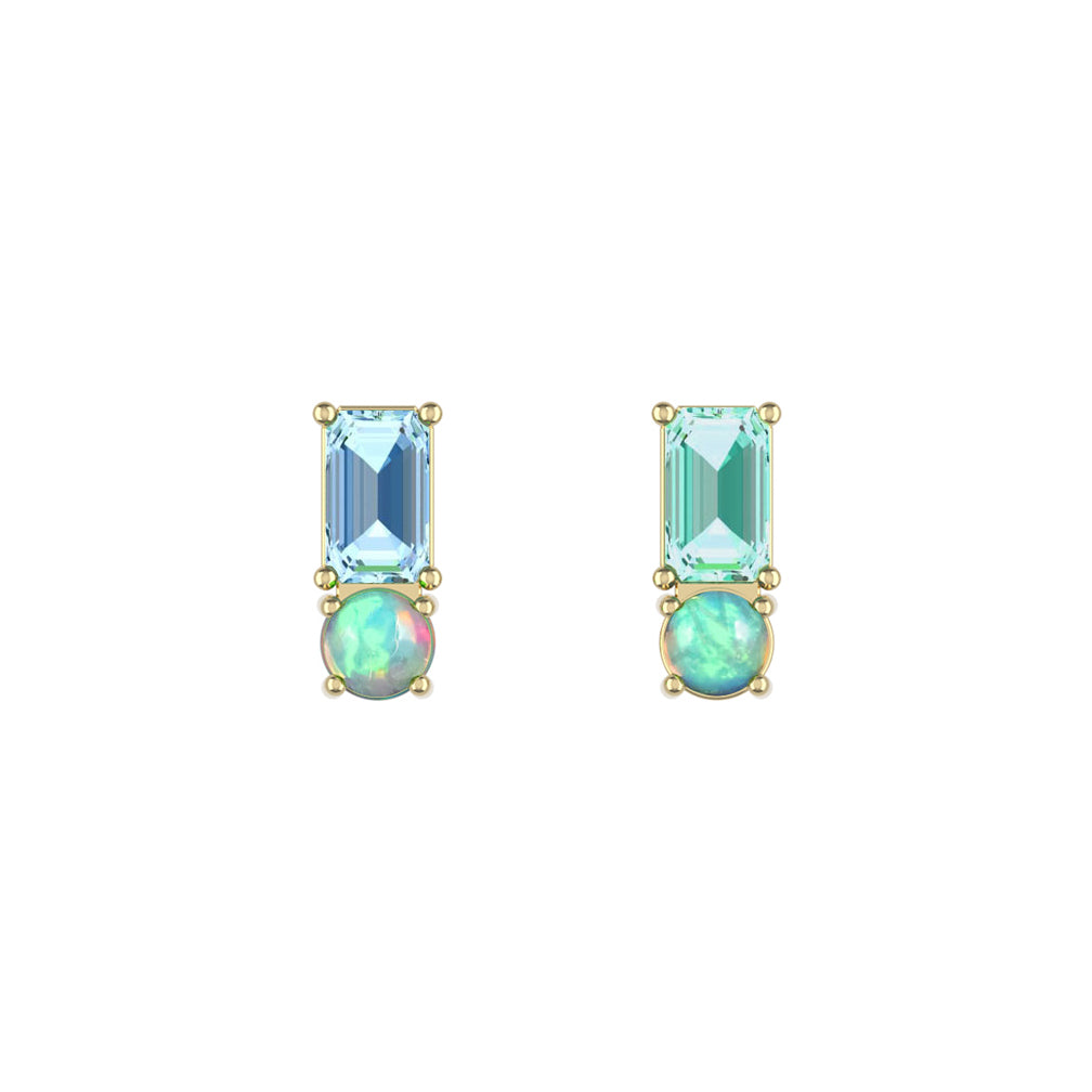 14K Yellow Gold Emerald Cut Beryl & Aquamarine Opal Stud Earrings