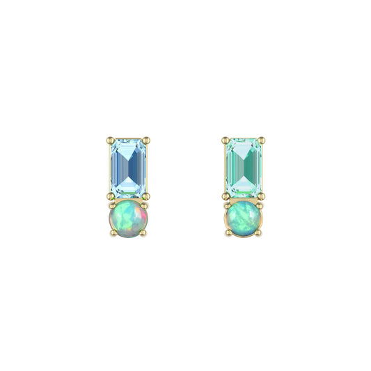 14K Yellow Gold Emerald Cut Beryl & Aquamarine Opal Stud Earrings
