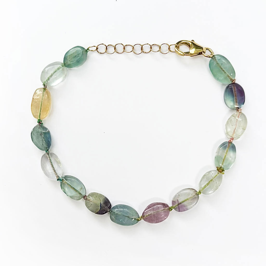 A multi-colored gemstone beaded necklace with a gold-tone clasp and extender chain, displayed on a clean white background.