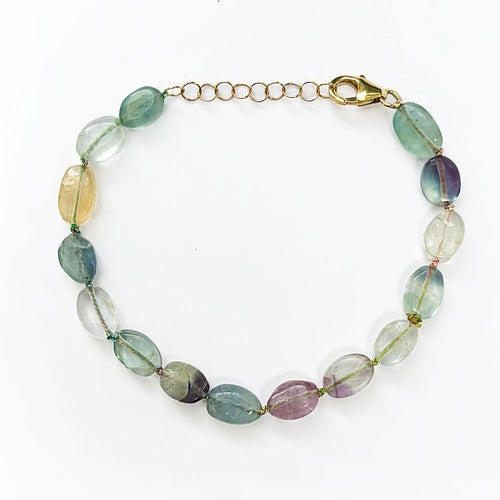 A multi-colored gemstone beaded necklace with a gold-tone clasp and extender chain, displayed on a clean white background.