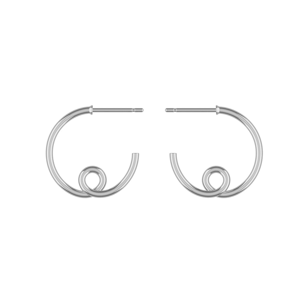 Pair of large 14k white gold loopy hoop earrings on a white background