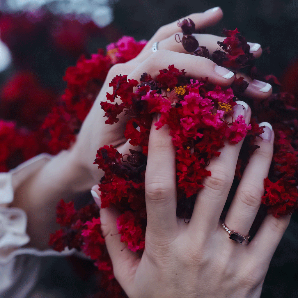 close up of model hands against red flowers wearing cacoxenite super seven rose gold ring flanked by diamonds