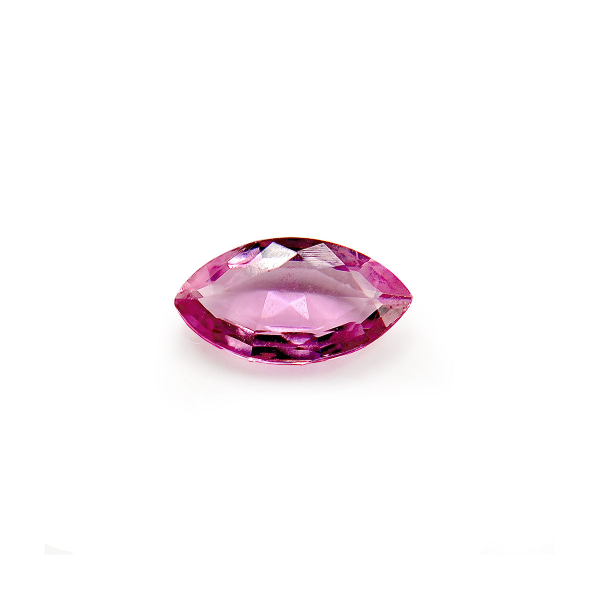 A faceted marquise-cut pink sapphire gemstone displayed on a clean white background
