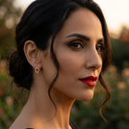 woman with red lipstick and blurred natural background wearing mini pure radiance earrings by Jillery