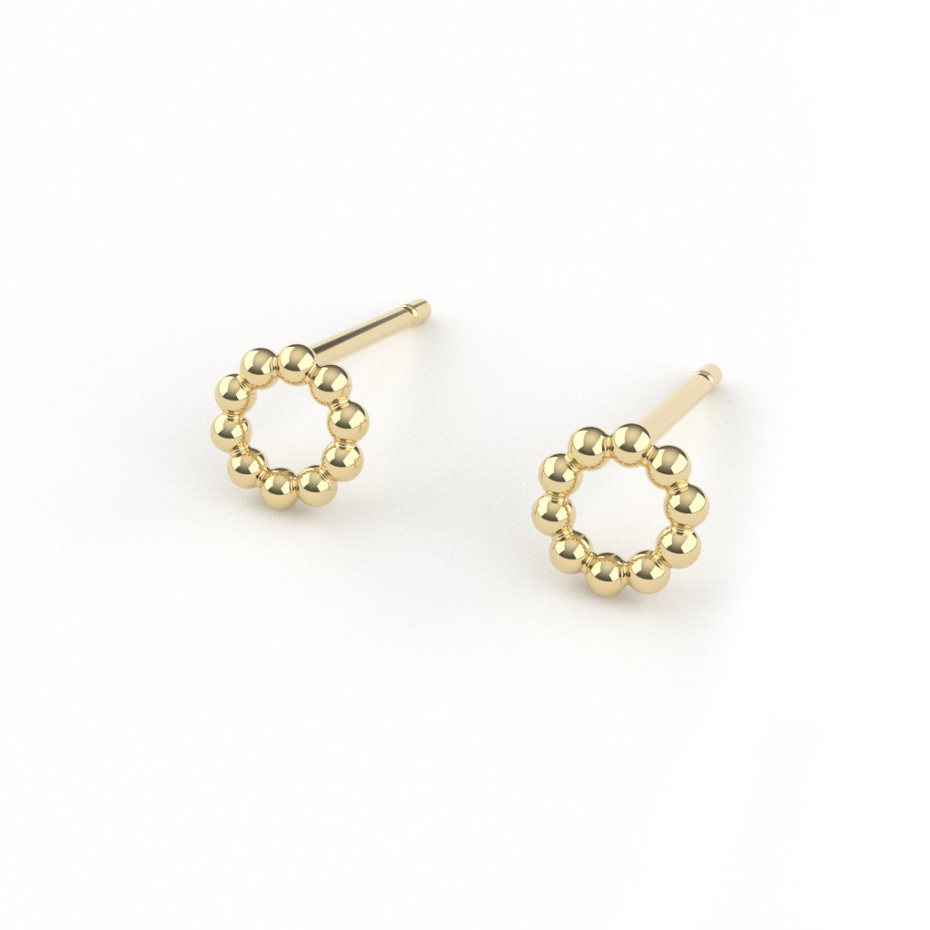 14K Yellow Gold Mini Beaded Circle Stud Earrings