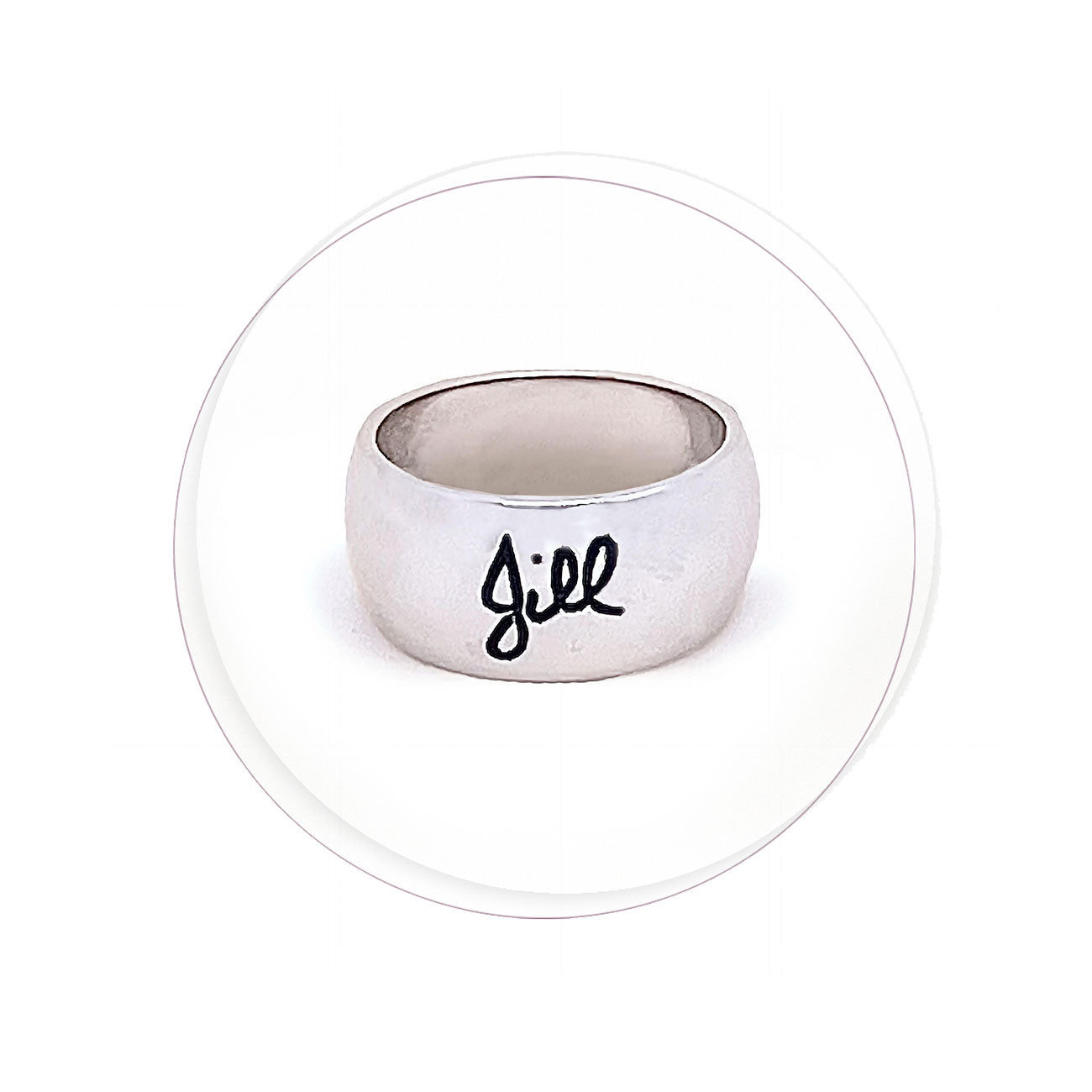 14K white gold ring with 'Jill' engraving on a white background