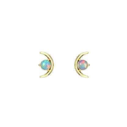 Gold moon shaped earrings with opal cabochon gemstones on a white background