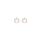 Pair of 14k white and rose gold mini interlocking hoop earrings on a white background