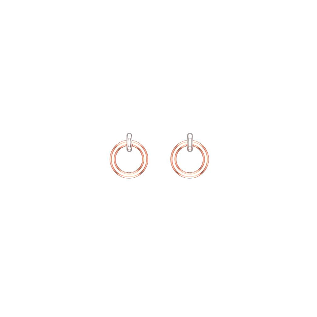 Pair of 14k white and rose gold mini interlocking hoop earrings on a white background