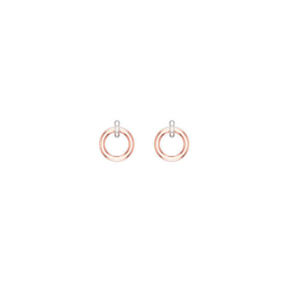 Pair of 14k white and rose gold mini interlocking hoop earrings on a white background