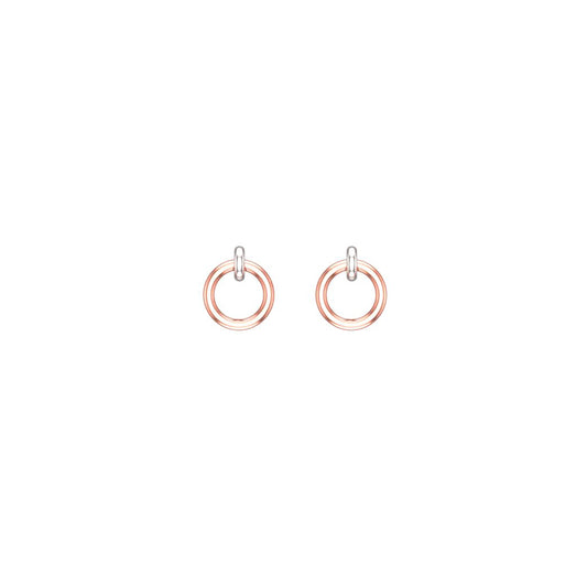 Pair of 14k white and rose gold mini interlocking hoop earrings on a white background