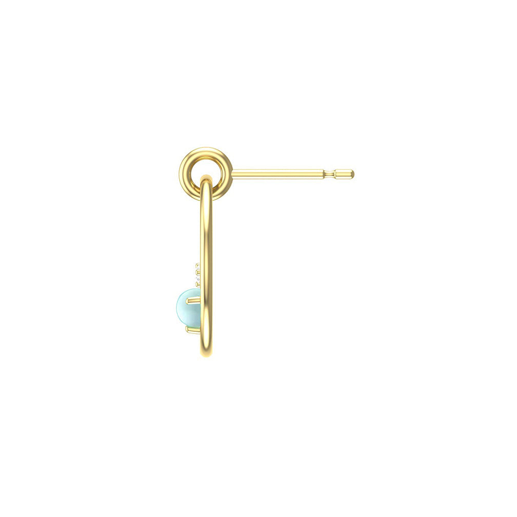 14k yellow gold hoop earrings with an aquamarine gemstone on a white background side view