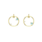 14k yellow gold hoop earrings with blue aquamarine gemstones on a white background