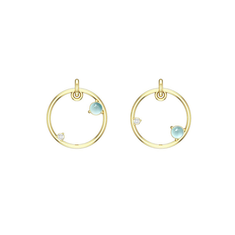 14k yellow gold hoop earrings with blue aquamarine gemstones on a white background