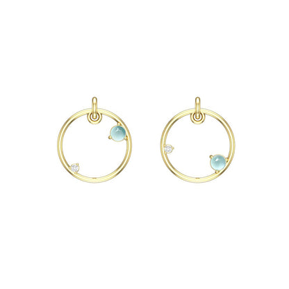 14k yellow gold hoop earrings with blue aquamarine gemstones on a white background