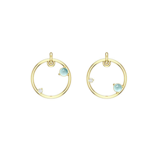 14k yellow gold hoop earrings with blue aquamarine gemstones on a white background