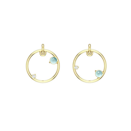 14k yellow gold hoop earrings with blue aquamarine gemstones on a white background