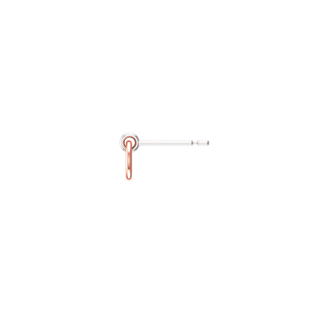 Small 14k rose and white gold mini interlocking hoop earrings on a white background