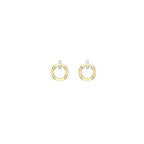 14k yellow and white gold interlocking mini hoop earrings on a white background