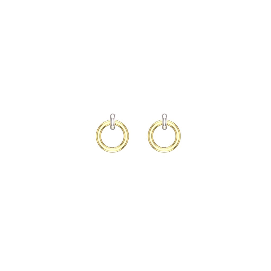 14k yellow and white gold interlocking mini hoop earrings on a white background