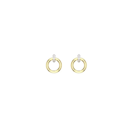 14k yellow and white gold interlocking mini hoop earrings on a white background