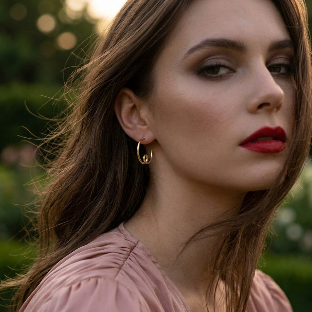 Woman with red lipstick and yellow gold small flow hoop earrings by Jillery against a blurred natural background
