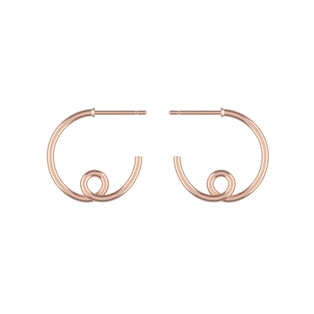 Pair of 14k rose gold loopy hoop earrings on a white background