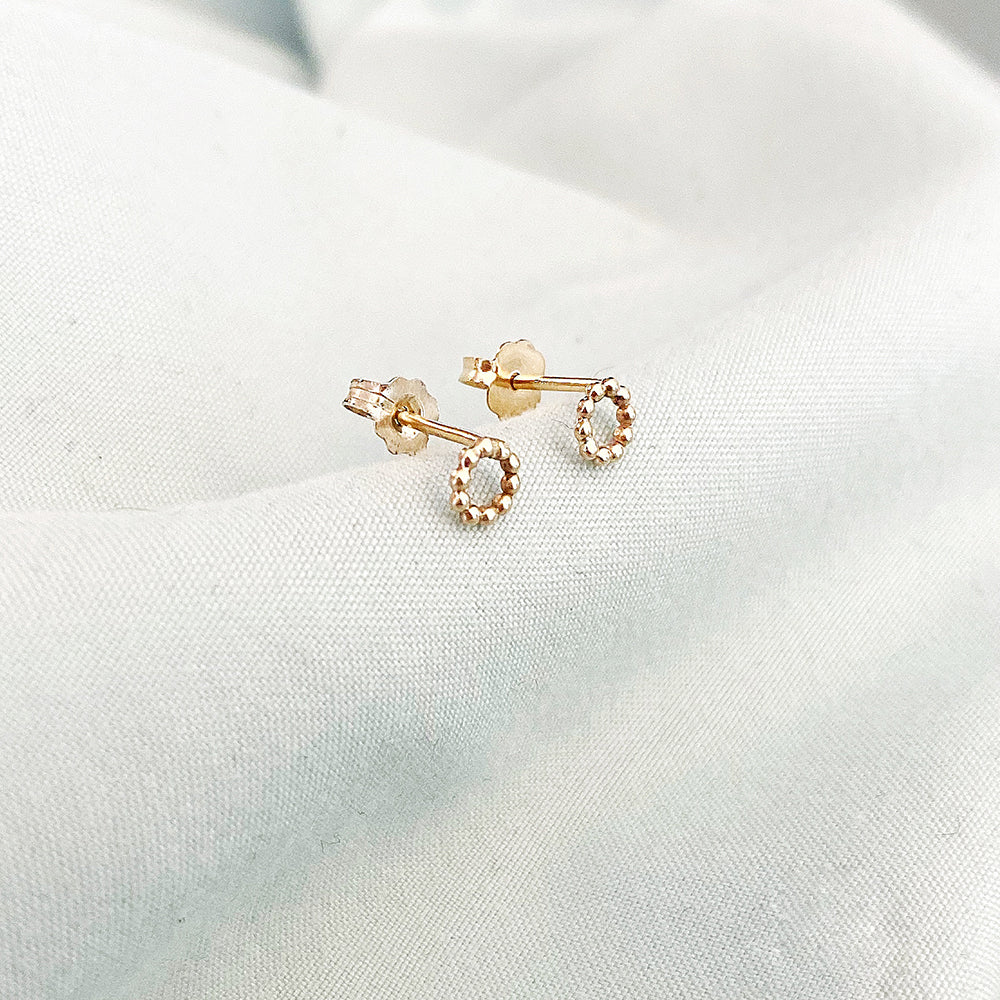 14K Yellow Gold Mini Beaded Circle Stud Earrings Minimalist Jewelry