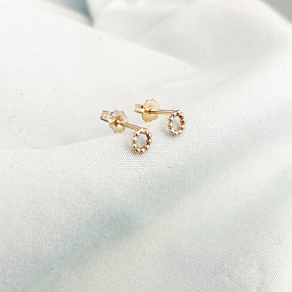 14K Yellow Gold Mini Beaded Circle Stud Earrings Minimalist Jewelry